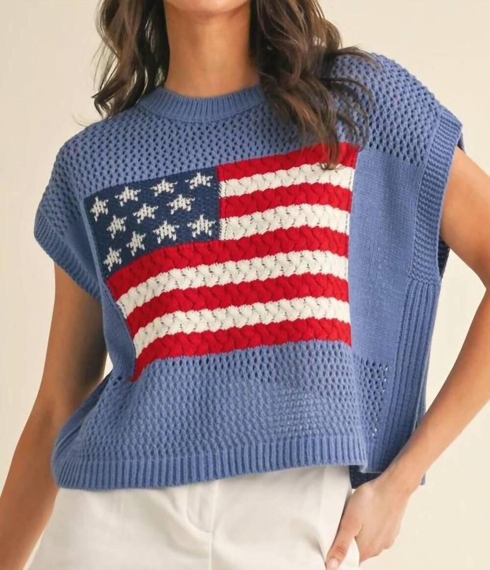 NEW ANNIEWEAR american flag open knit sweater top in blue